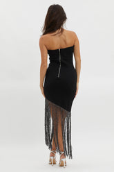 Glitz Asymmetrical Fringe Hem Dress Black